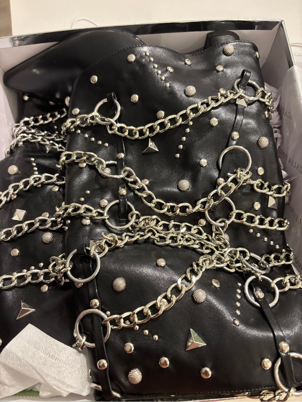 Black Studded Chain-Embellished Leather Boot - Picture 3 of 4